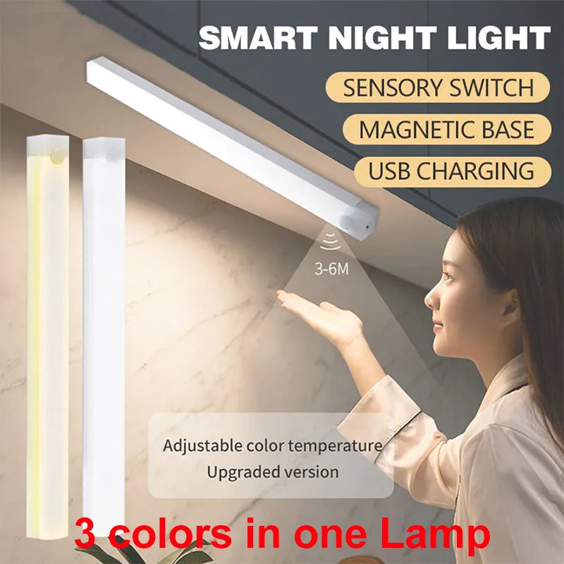 Motion Sensor Light Night Light USB Rechargeable Lamp Cabinet Wardrobe Lamp Staircase Backlight for Kitchen 3Colors in One Lamp